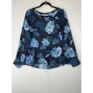 Loft Womens Top Blouse SZ Medium Dark Blue Floral Long Sleeve Dressy Career Wear